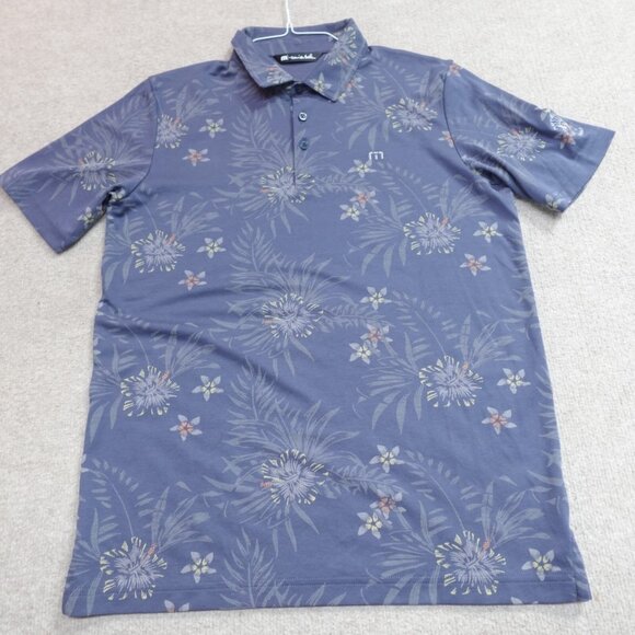 Travis Mathew Polo Shirt Medium Blue Floral All Over Navy-Marine Hawaii - Picture 1 of 8